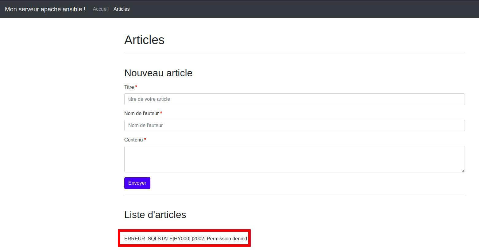 page d'accueil du serveur web avec une erreur SQL déployé depuis Ansible