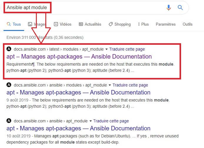 Comment rechercher un module ansible sur le moteur de recherches Google