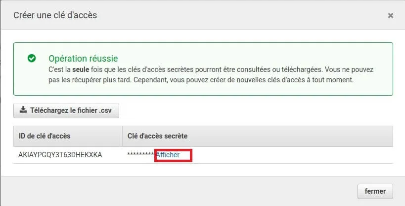 Récupération des clés d'accès AWS