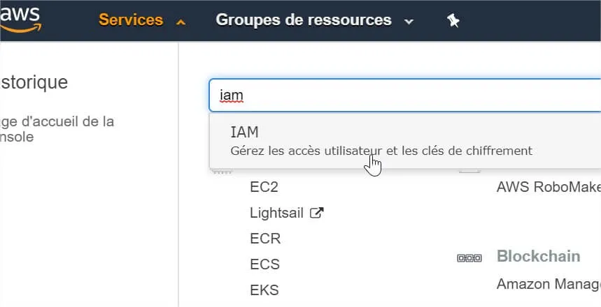 selection du service IAM dans AWS Console