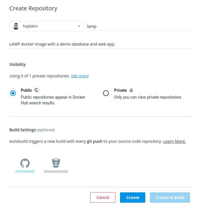 création d'un projet publique dans le hub docker