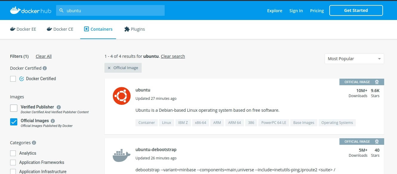 Recherche d'une image ubuntu dans le Docker Hub Registry