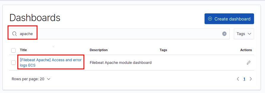 choix du dashboard apache filebeat dans kibana