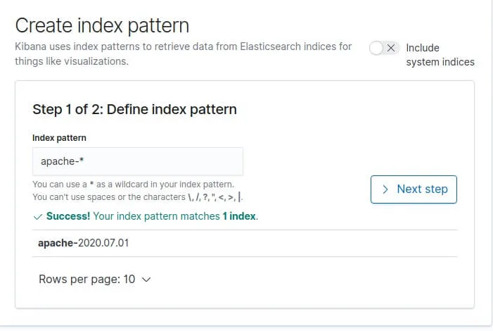 définir l'index pattern kibana