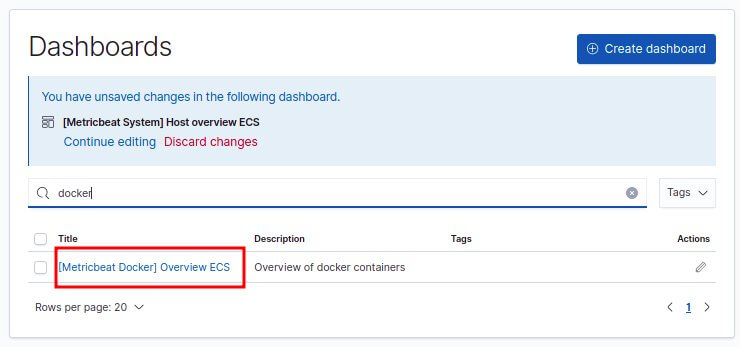 choix du dashboard docker metricbeat dans kibana