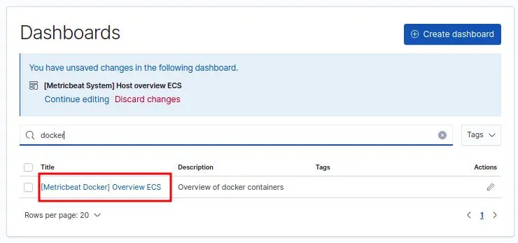 choix du dashboard docker metricbeat dans kibana