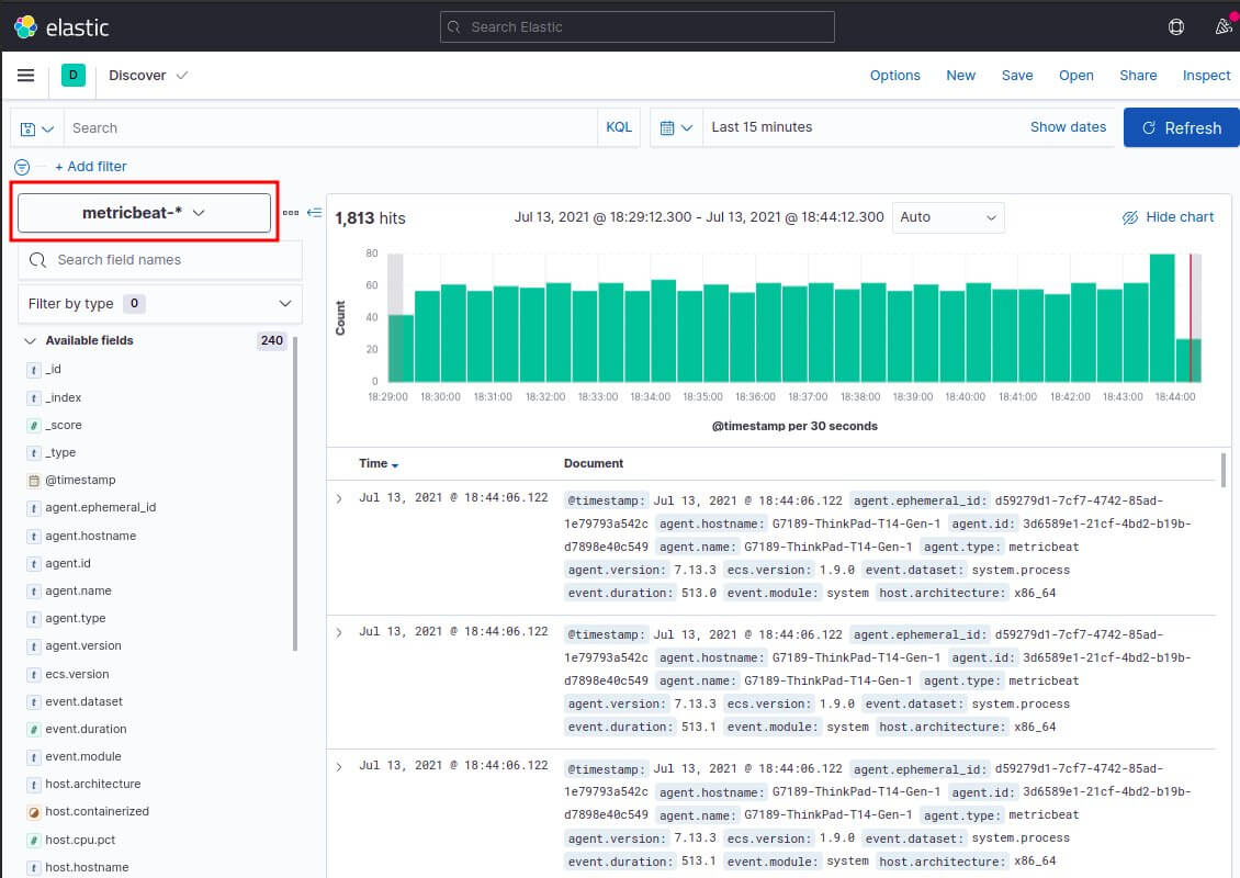 discover kibana pour les logs system metricbeat