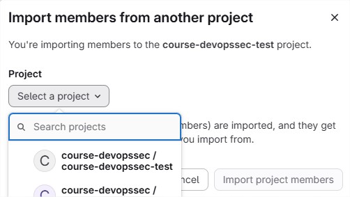 Sélection du projet pour import