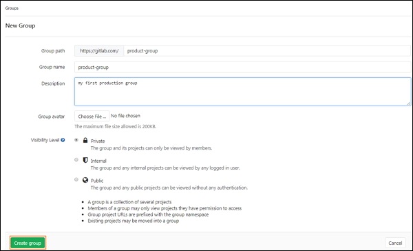 Formulaire de configuration de groupe