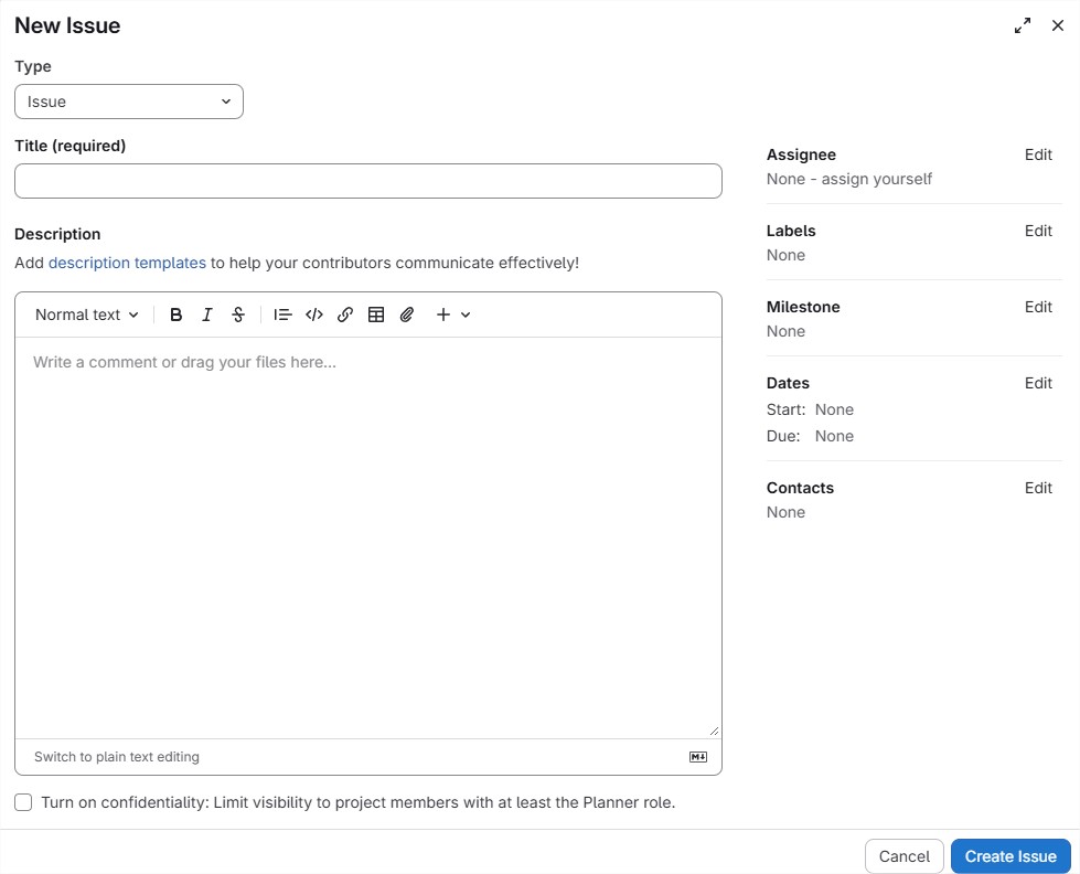 Formulaire de création de ticket GitLab