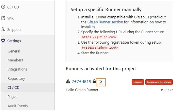 Édition d'un Runner dans GitLab