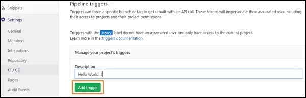 Interface des Triggers GitLab CI