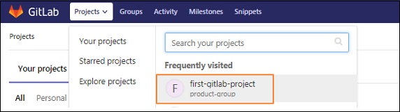 Sélection du projet dans GitLab