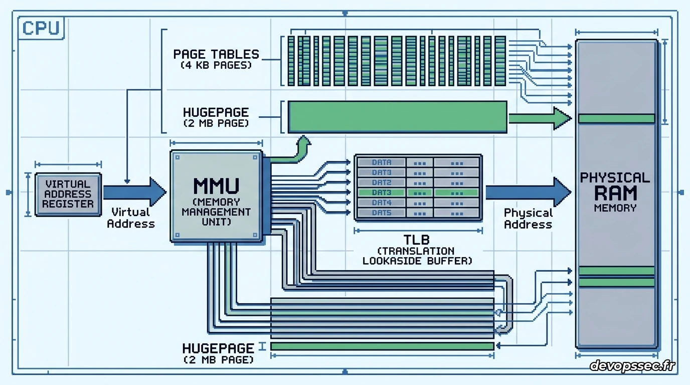Schéma abstrait représentant la puce MMU traduisant des adresses mémoire virtuelles en adresses physiques à travers le cache TLB, mettant en évidence la différence d'espace occupé par les pages de 4Ko et les Hugepages de 2Mo.