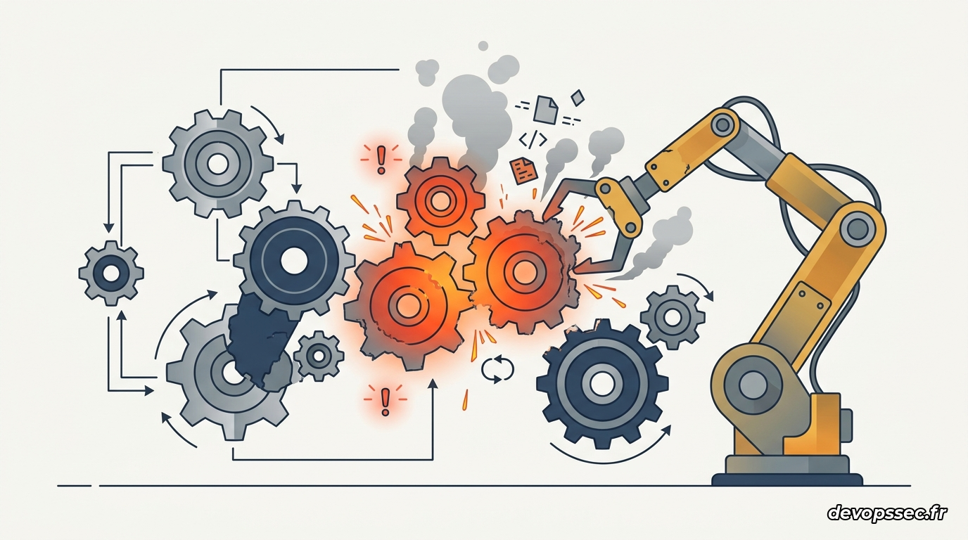 Une chaîne de montage logicielle où des processus automatisés s'emballent et créent un court-circuit
