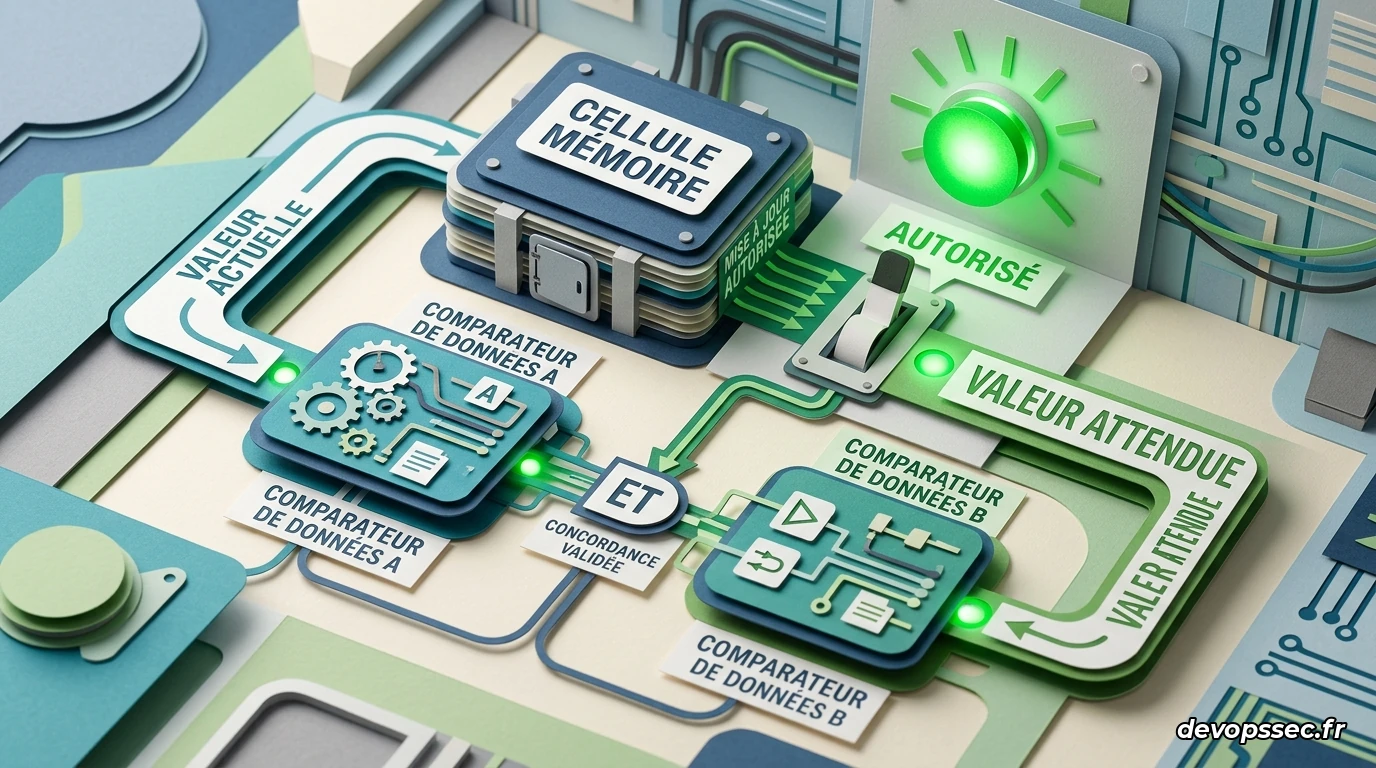 Plan technique modélisant le principe de fonctionnement de l'instruction Compare-And-Swap au niveau d'un registre CPU.