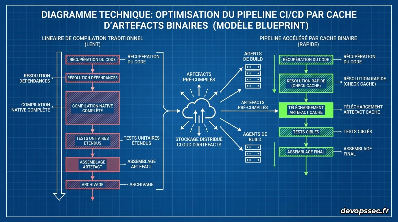 Schéma conceptuel montrant le gain de temps d'un pipeline de build DevOps grâce au caching binaire, évitant la recompilation des dépendances inchangées.
