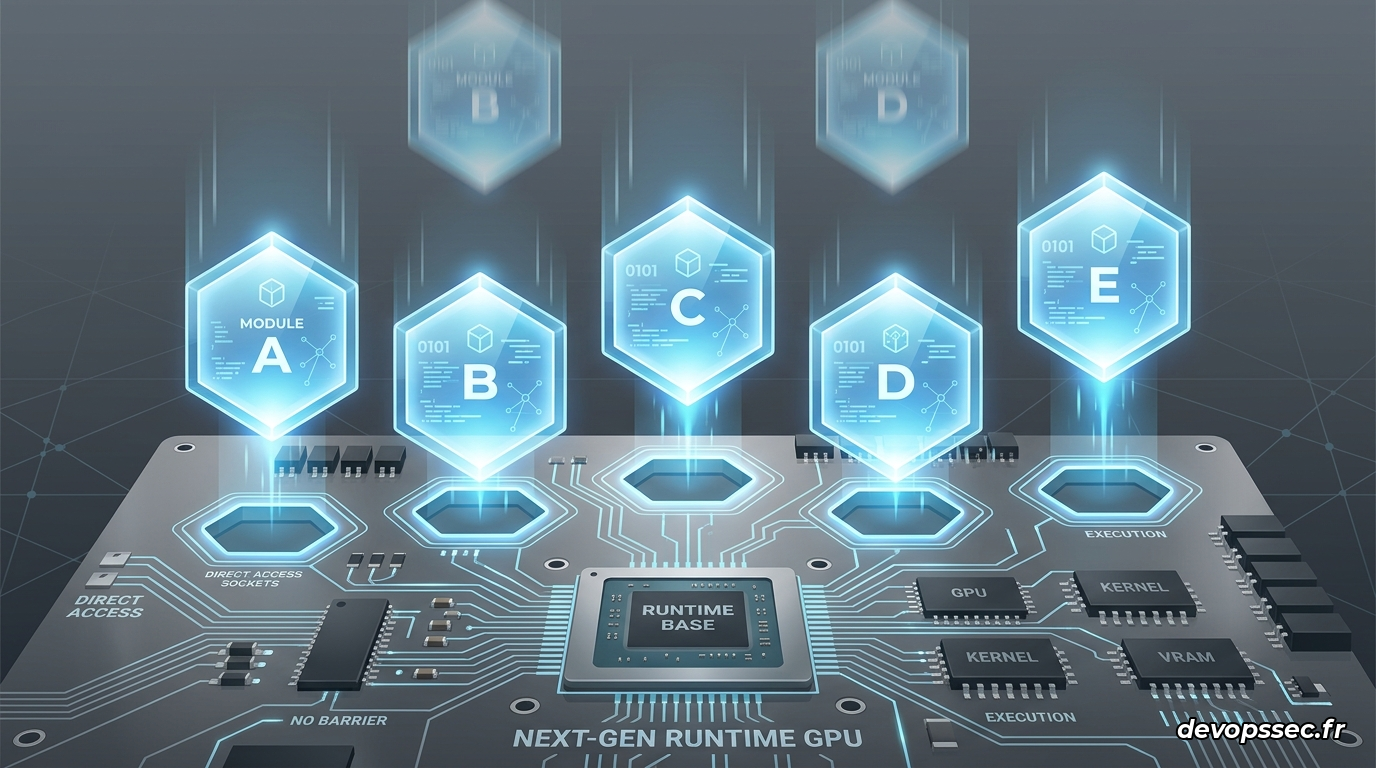 Illustration de modules de code hexagonaux et lumineux s'emboîtant instantanément sur une grille matérielle brute, sans aucune couche logicielle intermédiaire visible