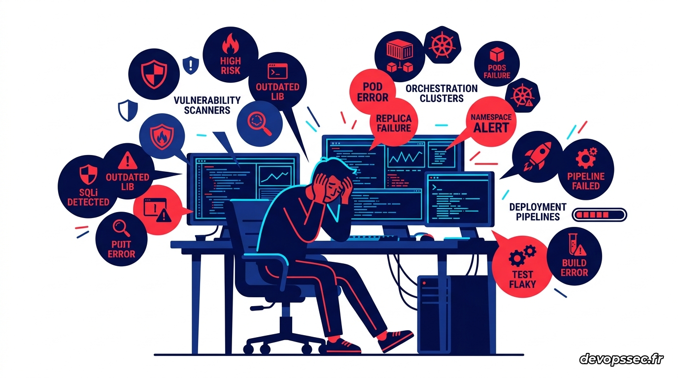 Illustration conceptuelle d'un développeur submergé par des alertes d'infrastructure et de sécurité