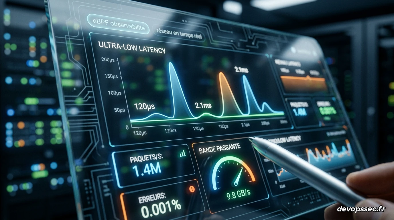 Vue aérienne d'une interface de contrôle moderne affichant les métriques d'un réseau Kubernetes ultra-rapide et sécurisé par eBPF.