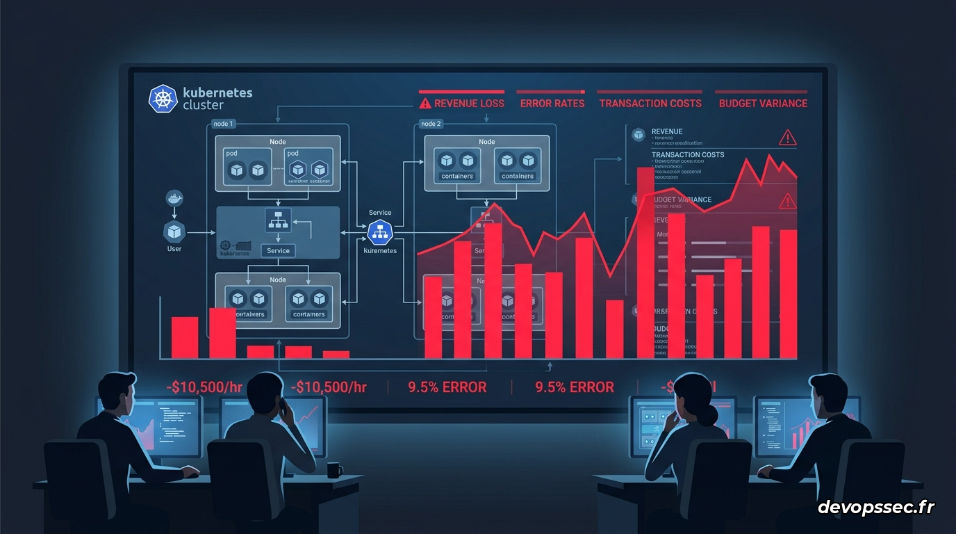 Un tableau de bord holographique affichant des courbes financières en chute libre et des alertes rouges concernant les coûts d'infrastructure