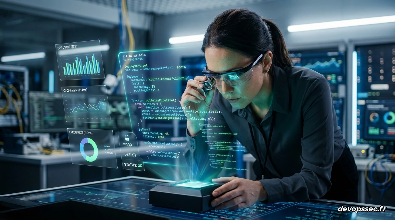 Un ingénieur DevOps concentré analysant à la loupe un hologramme de code source complexe. L'ambiance est lumineuse et ordonnée, symbolisant la rigueur, l'analyse et la reprise de contrôle sur la machine.