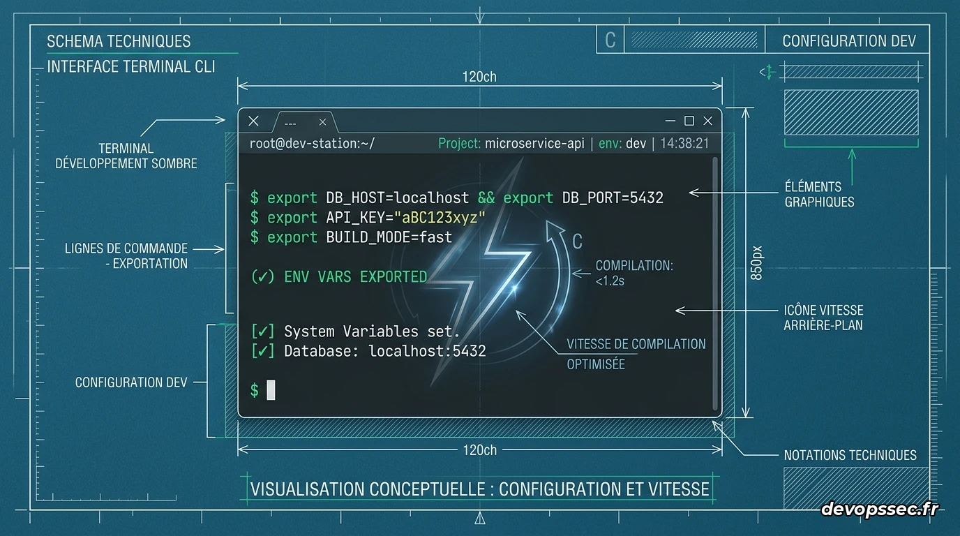 Illustration épurée d'un terminal Linux configurant les variables d'environnement pour l'outil de cache de compilation sccache.