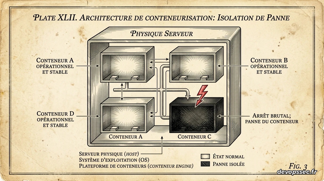 Une vue conceptuelle d'un cluster Kubernetes montrant un pod s'éteignant brusquement sous une tempête d'alertes visuelles de saturation de mémoire RAM.