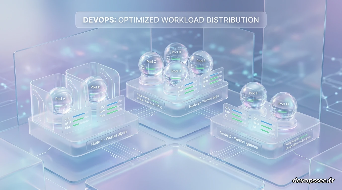 Un schéma d'architecture montrant des pods Kubernetes alignés proprement, chacun équipé de configurations de limites optimales et d'alertes de surveillance.