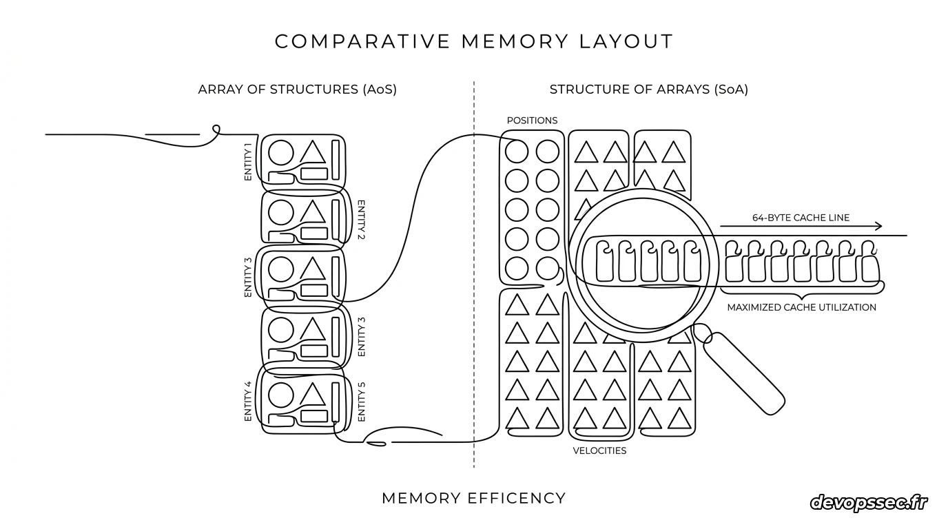 Visualisation comparative de l'organisation des données en mémoire entre l'approche Array of Structures (AoS) et Structure of Arrays (SoA), mettant en évidence l'alignement des données lues par le cache CPU.