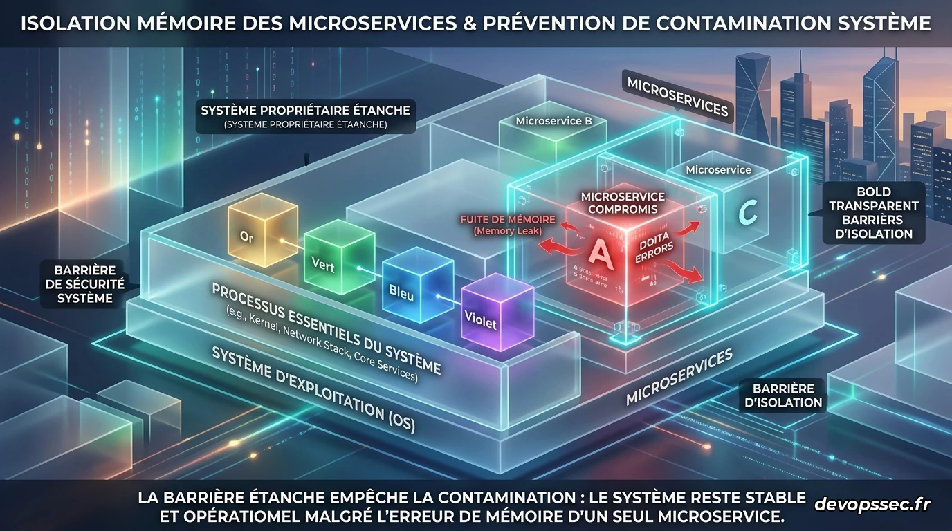 Schéma abstrait de conteneurs de ressources étiquetés avec des limites de mémoire strictes, illustrant la barrière infranchissable de la mémoire de secours.