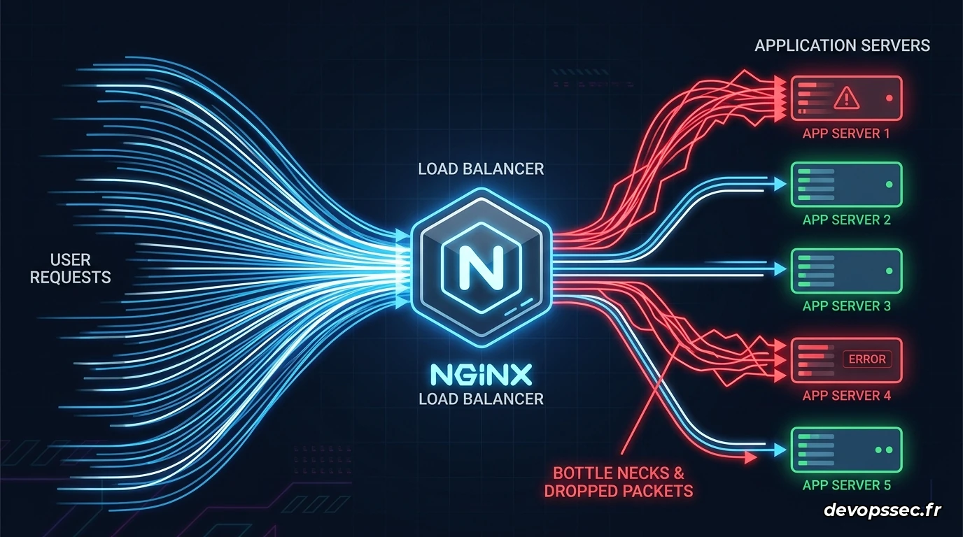 Un schéma représentant un serveur proxy Nginx submergé par un flux massif de requêtes symbolisées par des flèches lumineuses, certaines rebondissant ou s'éteignant sous forme de pannes.