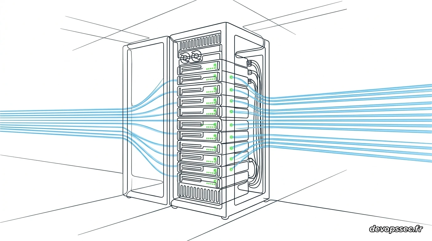 Un serveur réseau en aluminium brillant et parfaitement ordonné, illuminé par des lignes de diodes vertes et bleues stables, transmettant un trafic fluide et constant de manière très structurée.