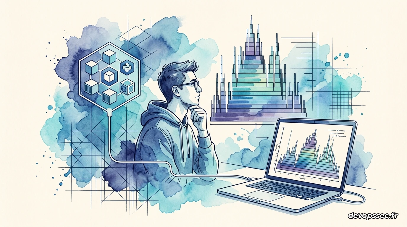 Illustration conceptuelle du profiling d'une application en temps réel dans Kubernetes avec extraction d'un heap dump pour analyse.