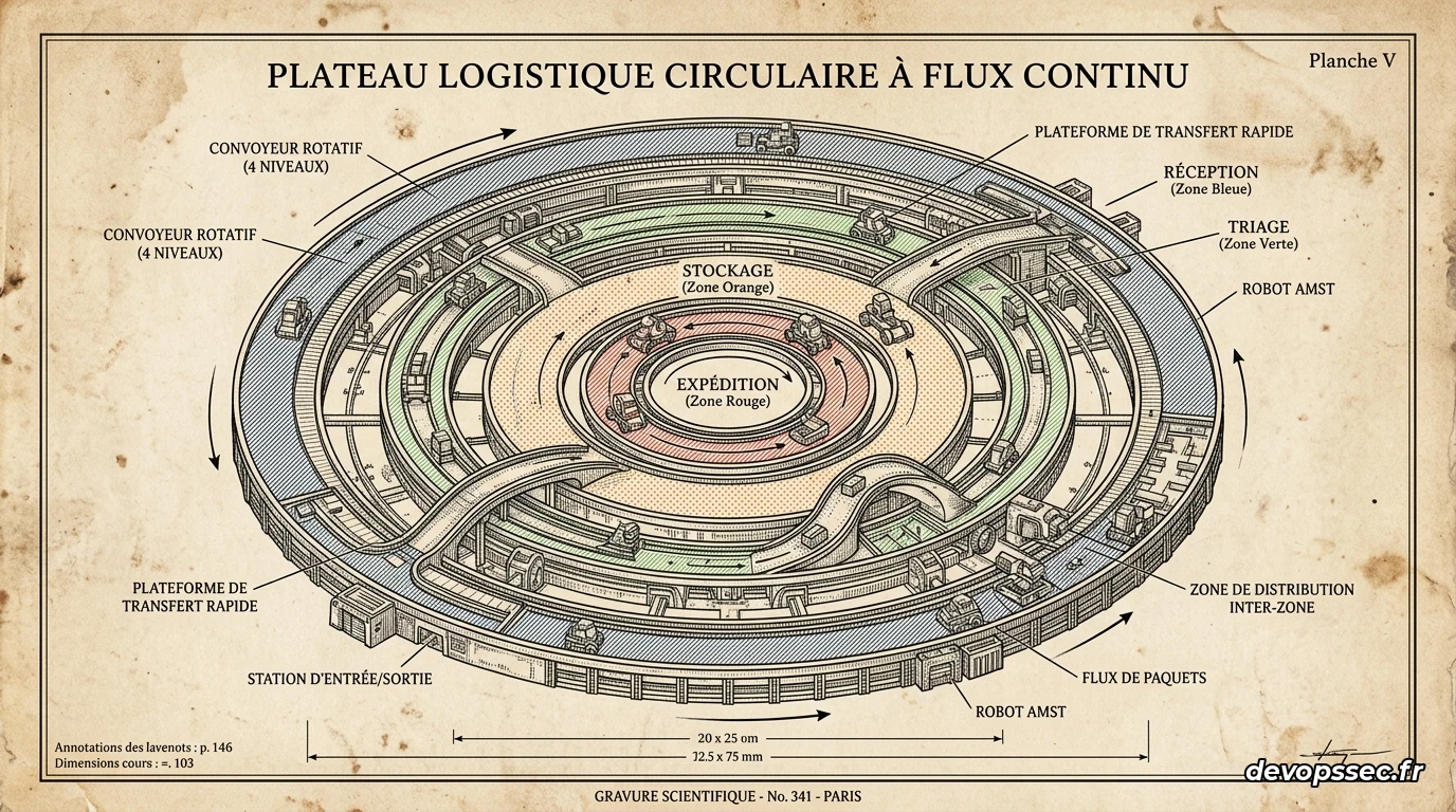 Vue de dessus de quatre anneaux concentriques agissant comme des buffers de mémoire pour le transfert de données à haute vitesse.