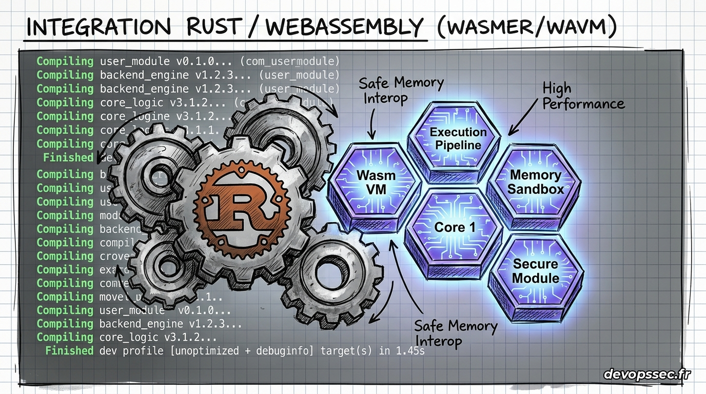Illustration conceptuelle de la compilation d'un code source Rust en binaire WebAssembly isolé