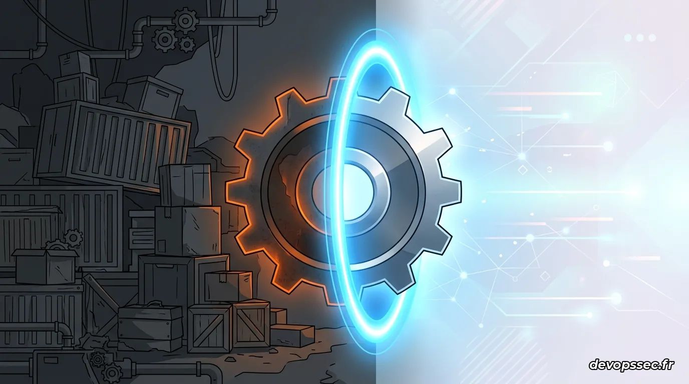 Illustration futuriste d'un engrenage minimaliste couleur rouille traversant un portail d'énergie purifié, symbolisant la conversion d'une application lourde vers un Unikernel léger