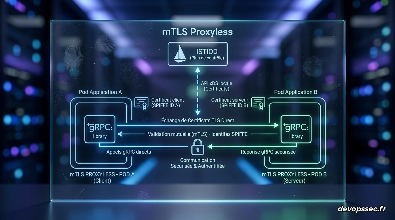 Architecture de sécurité montrant l'échange de certificats TLS géré nativement par la bibliothèque gRPC à l'aide des identités Spiffe/Spire fournies par Kubernetes, sans proxy intermédiaire.