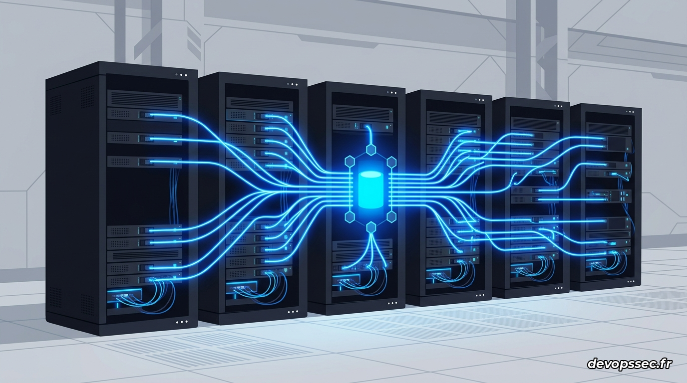 Un alignement de serveurs haute performance dans un data center, illuminés de faisceaux lumineux bleus représentant le flux rapide de la mémoire partagée et l'architecture matérielle désagrégée.