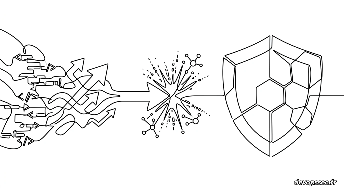 Représentation conceptuelle du conflit entre la vitesse de déploiement représentée par un flux lumineux rapide et la stabilité représentée par une structure de bouclier solide et protectrice.