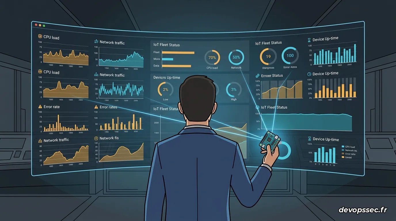 Une personne de dos, regardant un mur d'écrans affichant des métriques en temps réel, tenant un petit appareil IoT dans la main avec un câble de connexion.