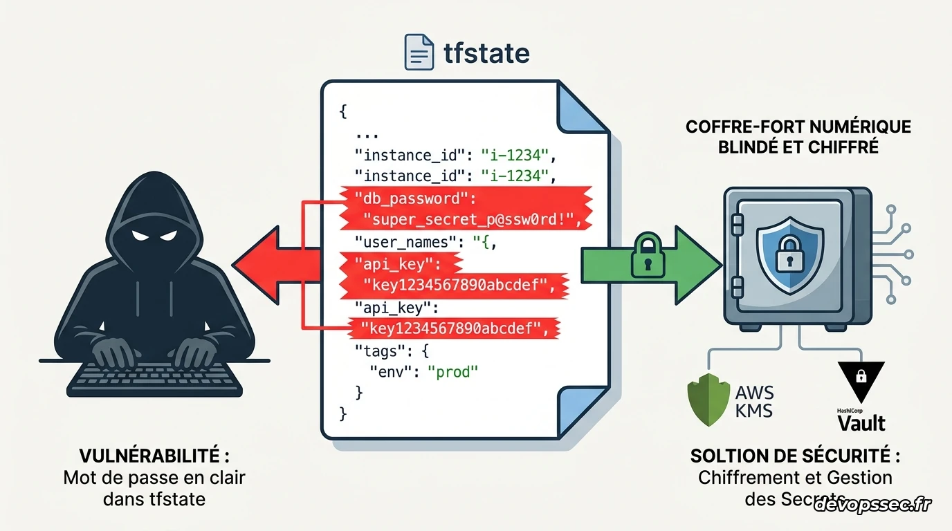Schéma conceptuel illustrant la vulnérabilité d'un fichier tfstate local exposé par rapport à un stockage chiffré et sécurisé vers un cloud provider.