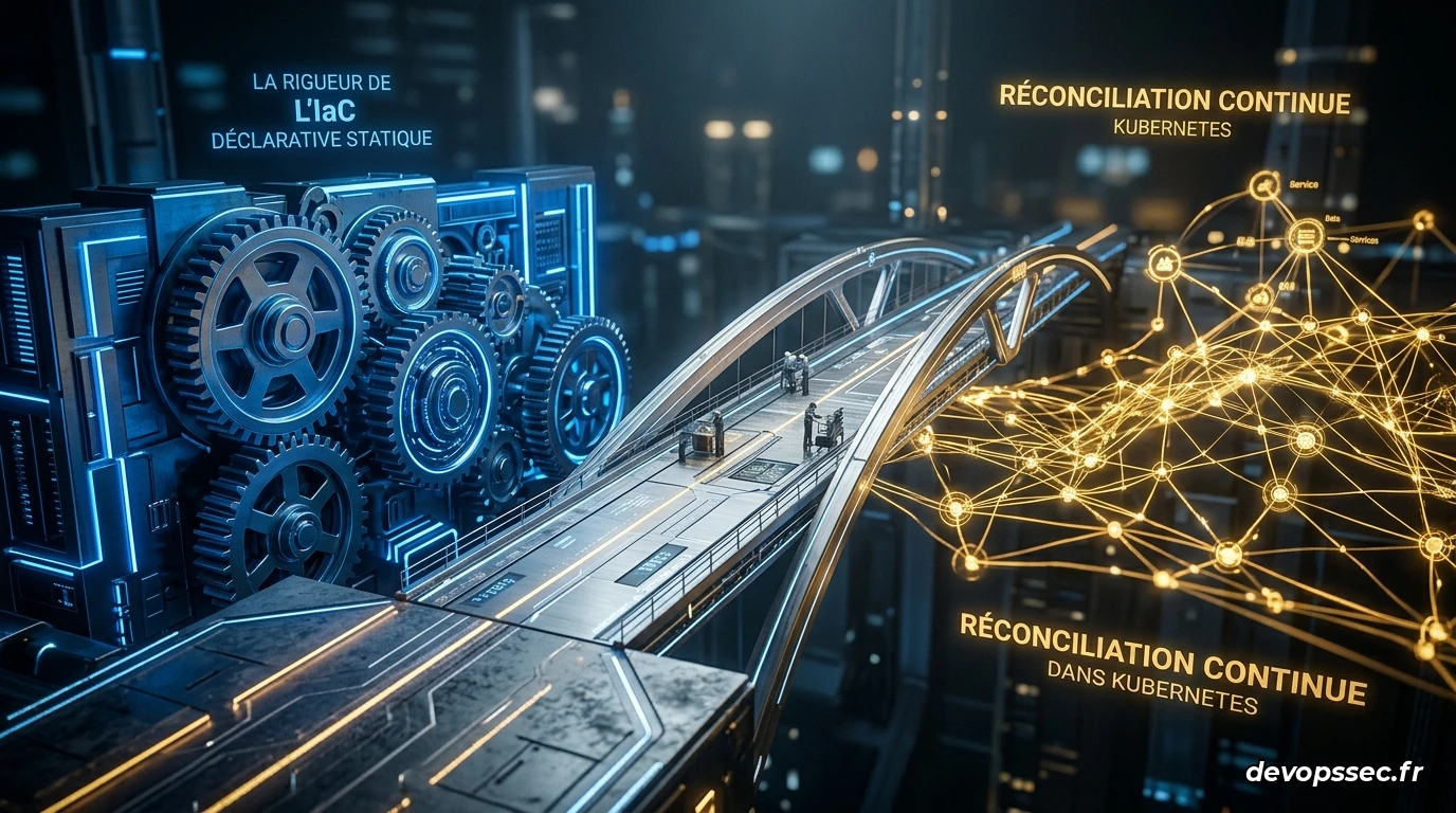 Illustration futuriste d'un centre de données avec un pont reliant un moteur d'exécution de scripts linéaire à une boucle d'engrenages automatisée représentant un Control Plane.