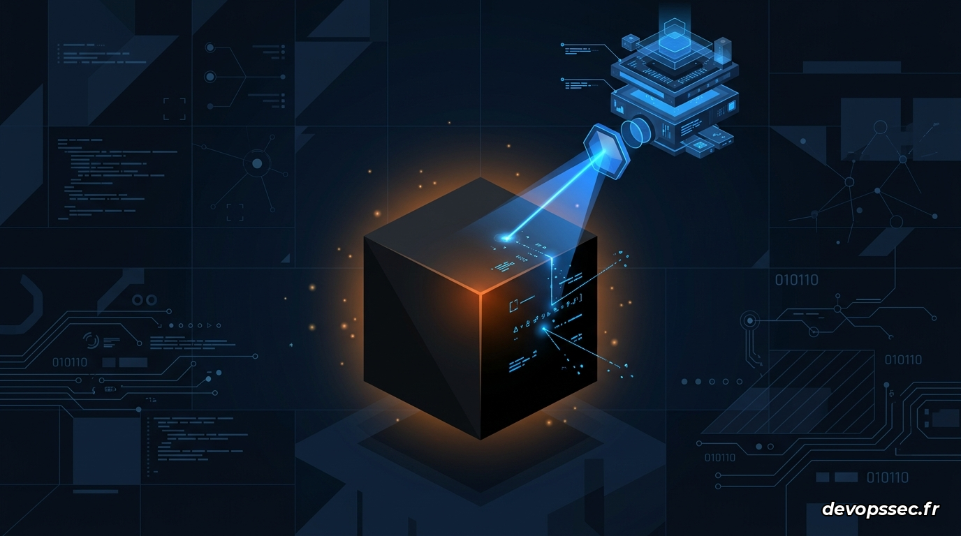 Une loupe technologique complexe inspectant un cube noir lisse et impénétrable émettant une légère lueur orange, symbolisant le défi du débogage d'un Unikernel