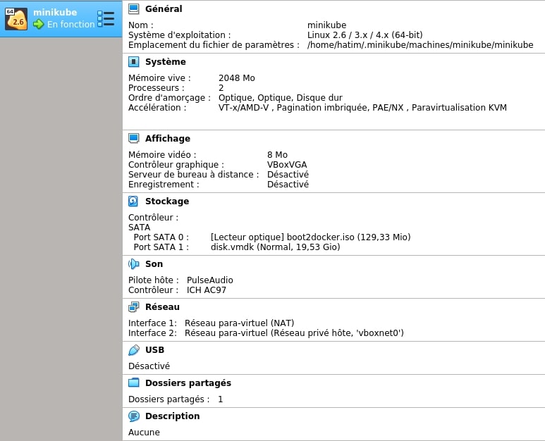 machine virtuelle Minikube créée dans VirtualBox