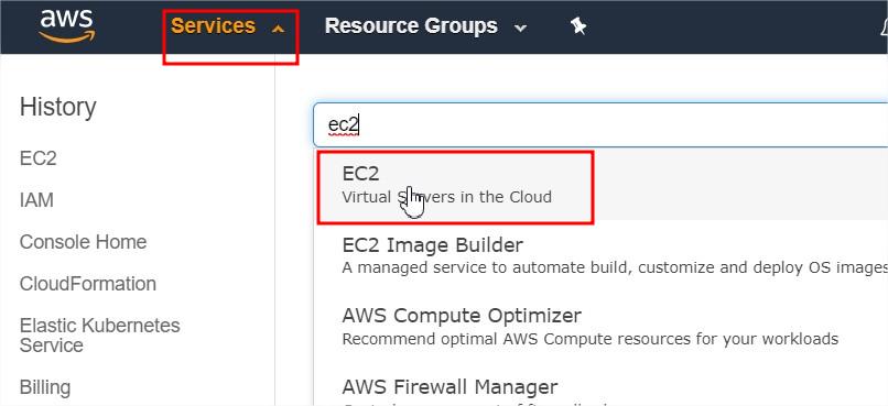 selection du service EC2 dans AWS