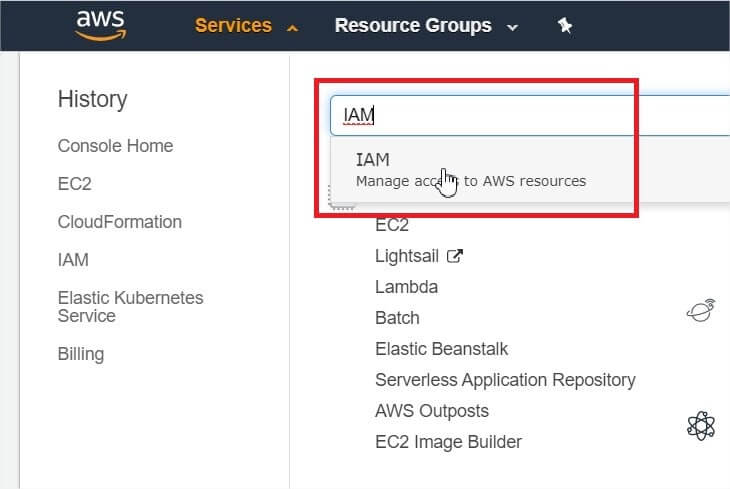 Selection du service IAM d'AWS