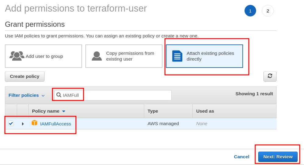 policy IAMFullAccess pour notre utilisateur Terraform