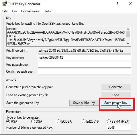 Enregistrement de la clé privée ssh générée avec puttygen (partie 1)