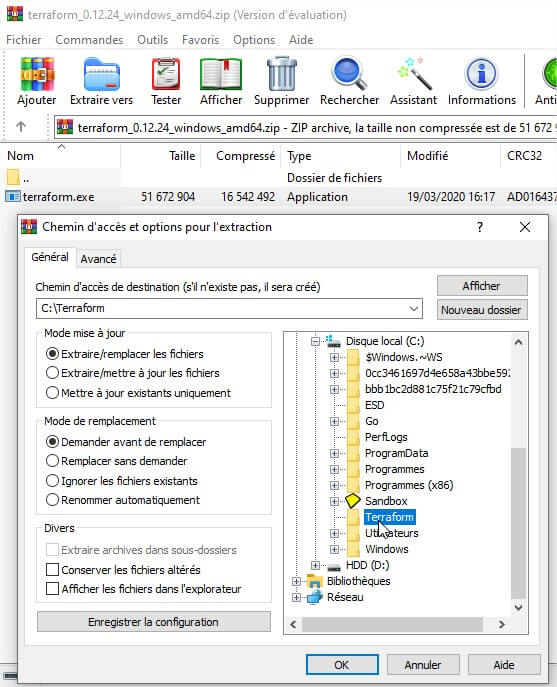 Décompression de l'exécutable terraform sous un dossier Windows
